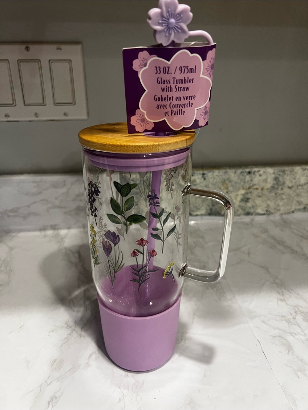 Glass Floral Tumbler with Straw - Lavender